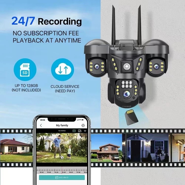 دوربین سیم کارتی بیسیم 3 لنز v380 pro مدل X3 رم خور دید در شب رنگی دزدگیر قیمت عالی