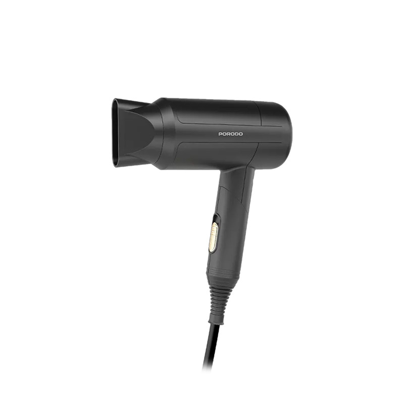 سشوار خانگی پرودو مدل PD-LFST071-BK با توان 1200 وات، تنظیمات دما و سرعت دو حالته، عملکرد یونیزاسیون، خشک‌کنندگی قوی، پخش یکنواخت گرما، کاهش وز مو، دسته تاشو و متمرکزکننده پهن
