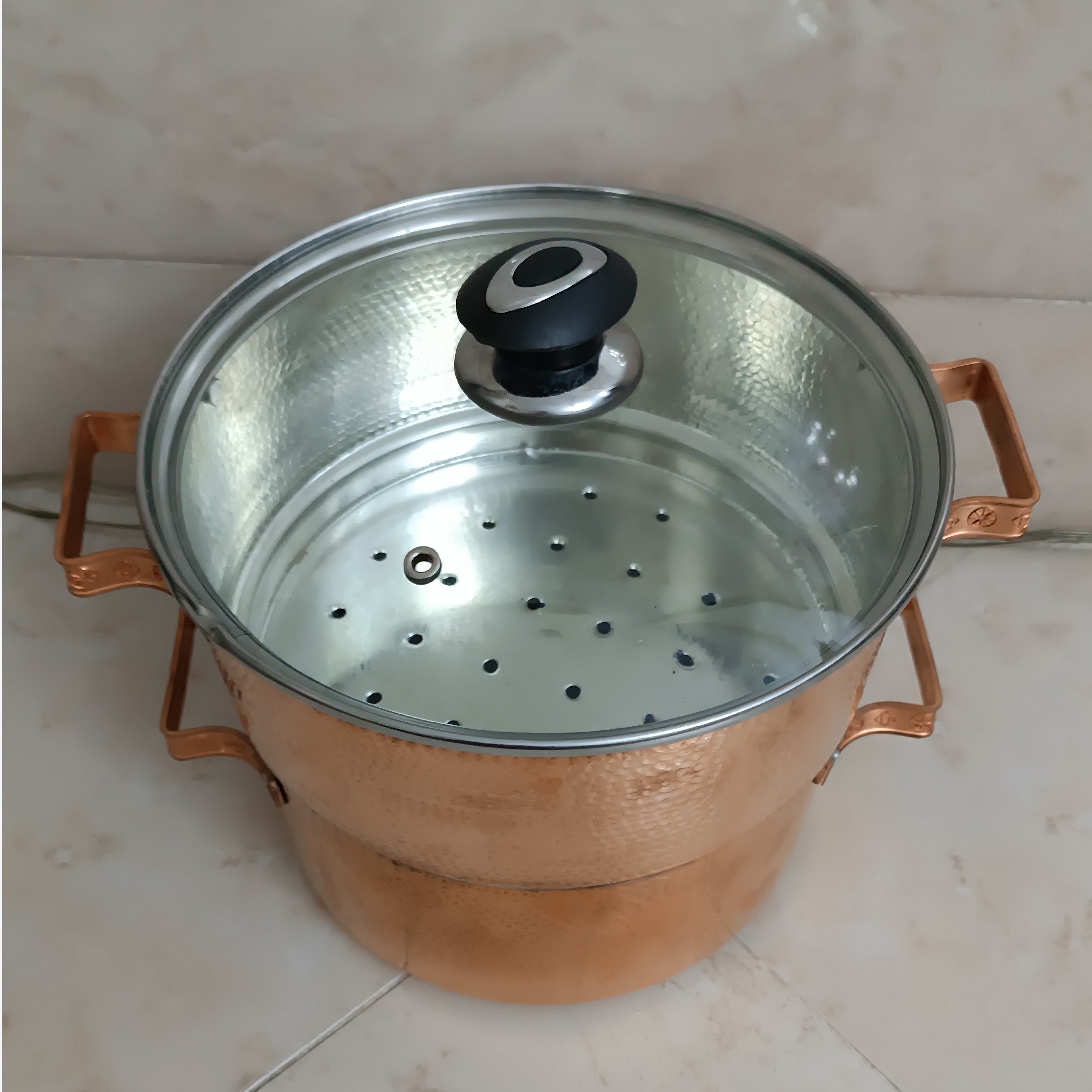 قابلمه و بخار پز مسی با درب شیشه ای کد 740