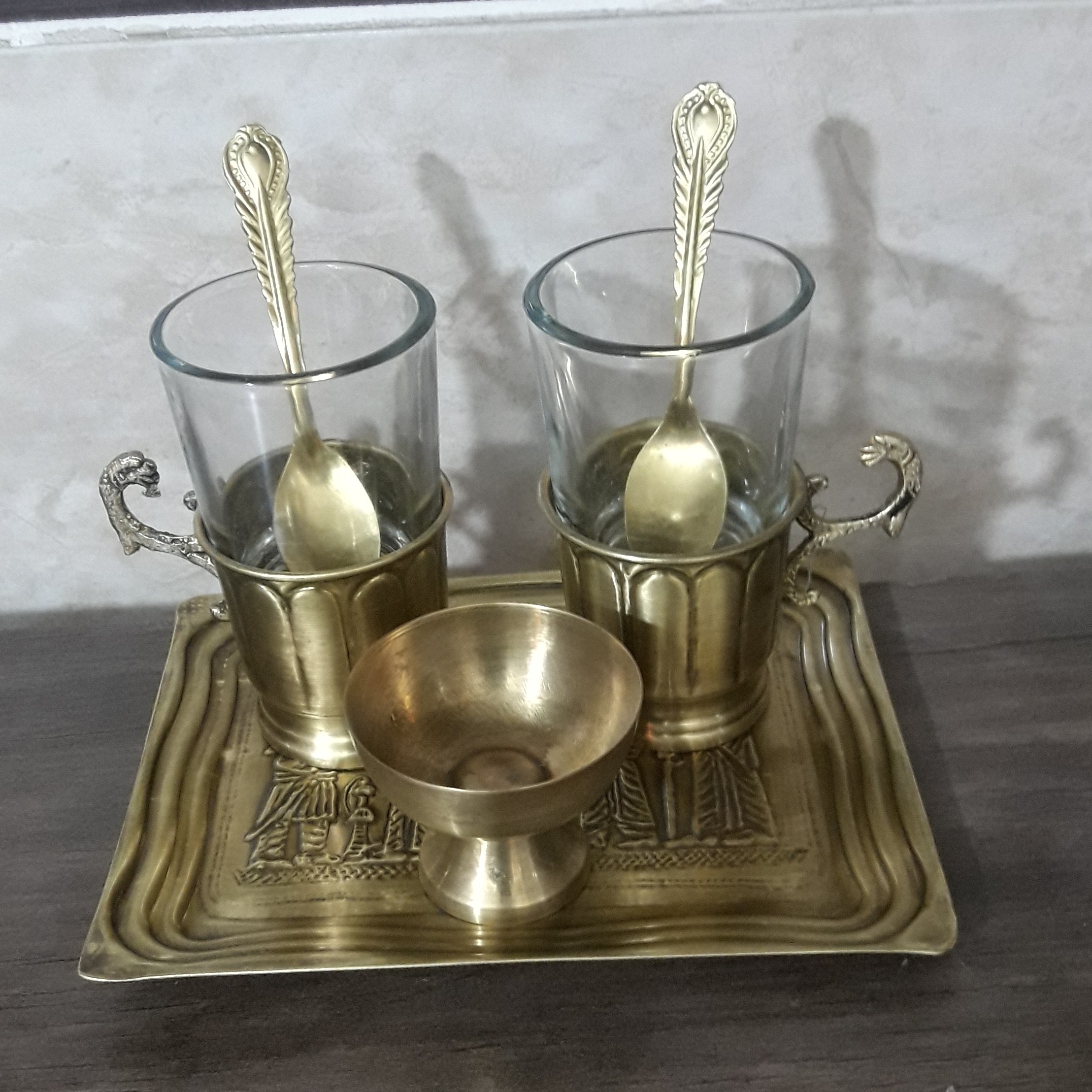سرویس چای خوری دونفره برنجی آنتیک شده،کد 132