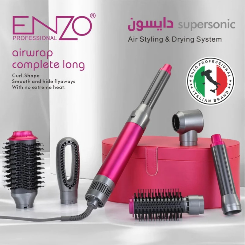سشوار برسدار حالتدهنده انزو پروفیشینال مدل EN-4133 با توان 1500 وات، تنظیمات دما و سرعت سه حالته، دارای 6 سری برای صافکنندگی، حجمدهندگی و فرکنندگی، وزن 1200 گرم، همراه با کیف نگهدارنده