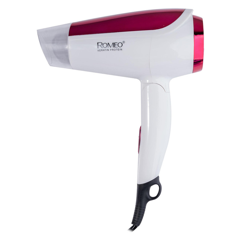 سشوار مسافرتی 1800 وات رومئو مدل RM-5959، موتور AC، وزن 350 گرم، المنت فلز، دارای سری متمرکزکننده پهن با ویژگی صافکنندگی، با قابلیت تنظیم دما