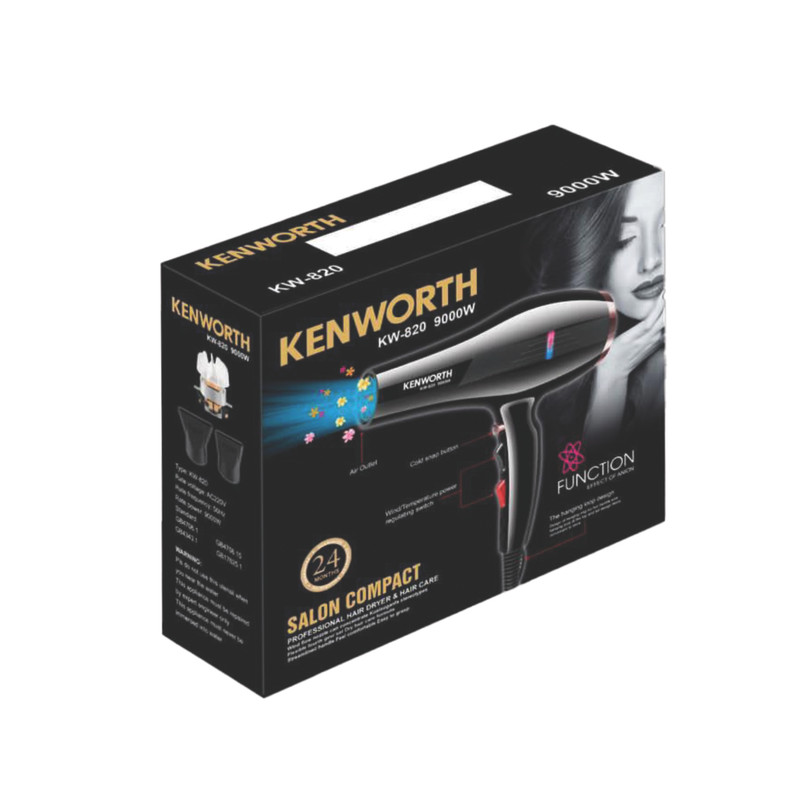 سشوار حرفهای 2000 وات کنورث مدل KW-820، موتور AC، وزن 660 گرم، دارای سری متمرکزکننده باریک، متمرکزکننده پهن با ویژگی صافکنندگی، با قابلیت باد سرد، فناوری تولید یون، قابلیت تنظیم دما