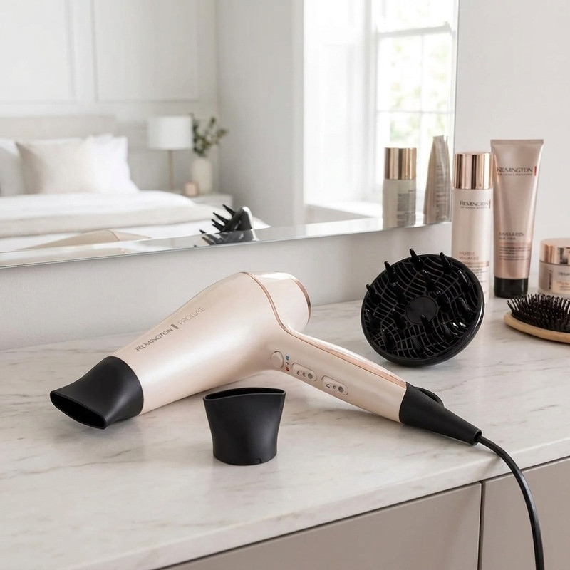 سشوار حرفهای رمینگتون مدل pro luxe با موتور AC 2400 وات، فناوری آیونیک با 90% یوندهی بیشتر، فناوری OPTI heat، پرتاب باد 140 کیلومتر بر ساعت، تنظیمات دما سه حالته، تنظیم سرعت دو سرعته، همراه با دیسپانسر و متمرکزکننده باریک و پهن