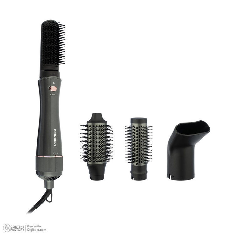 سشوار برسدار حالتدهنده پرنسلی مدل PR331AT با موتور DC، توان 240 وات، تنظیمات دما یک حالته، تنظیم سرعت دو سرعته، سری صافکننده، همراه با سری شانهدار، برس گرد پهن، برس تخت، متمرکزکننده پهن، سری دندانهدار و کیف نگهدارنده