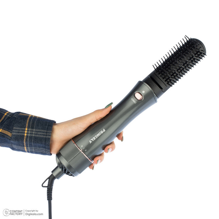 سشوار برسدار حالتدهنده پرنسلی مدل PR331AT با موتور DC، توان 240 وات، تنظیمات دما یک حالته، تنظیم سرعت دو سرعته، سری صافکننده، همراه با سری شانهدار، برس گرد پهن، برس تخت، متمرکزکننده پهن، سری دندانهدار و کیف نگهدارنده