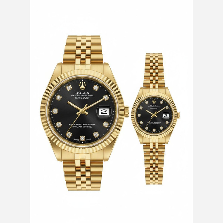 ساعت مچی رولکس دیت جاست زنانه و مردانه rolex بند طلایی صفحه مشکی + جعبه هدیه و باتری اضافی