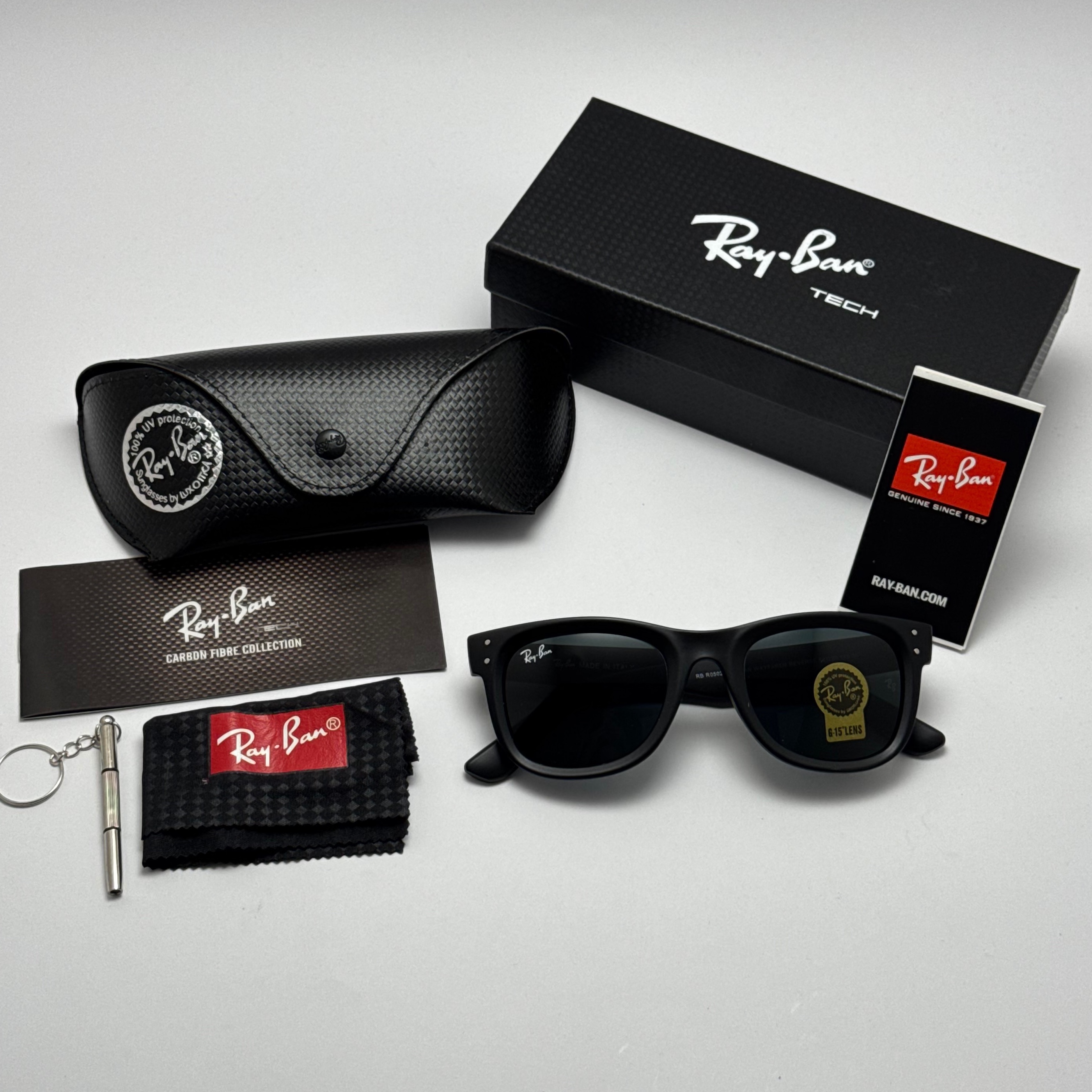 عینک آفتابی ریبن ویفرر شیشه سنگ مشکی مات به همراه پک کامل ریبن Rayban WAYFARER RB 0502S