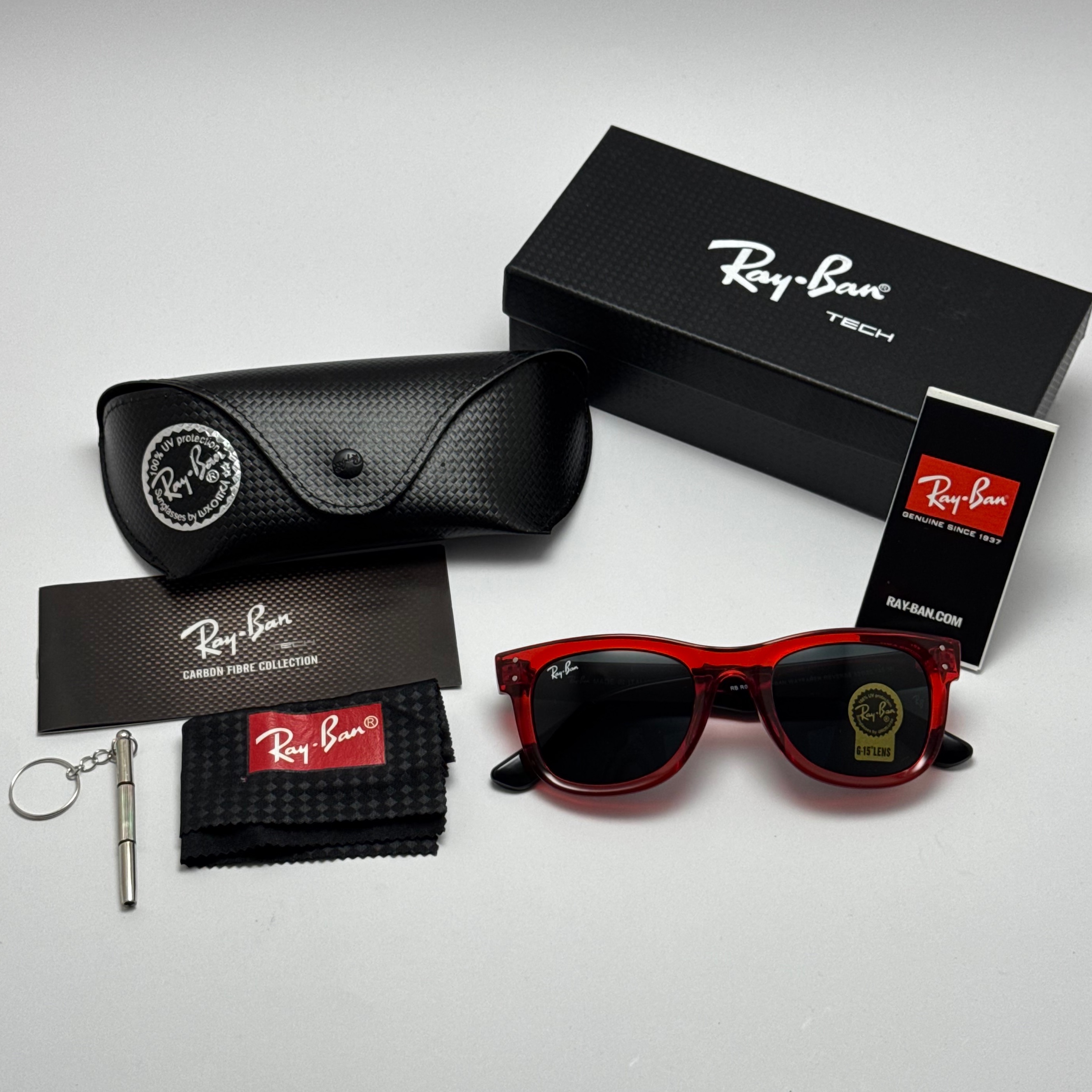عینک آفتابی ریبن ویفرر شیشه سنگ مشکی قرمز به همراه پک کامل ریبن Rayban WAYFARER RB 0502S