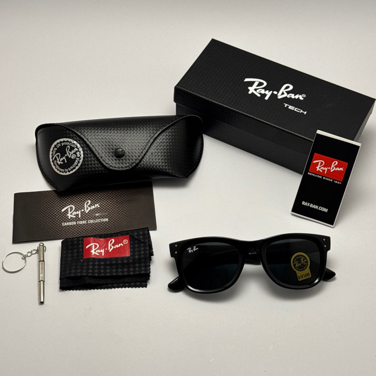 عینک آفتابی ریبن ویفرر شیشه سنگ تمام مشکی به همراه پک کامل ریبن Rayban WAYFARER RB 0502S
