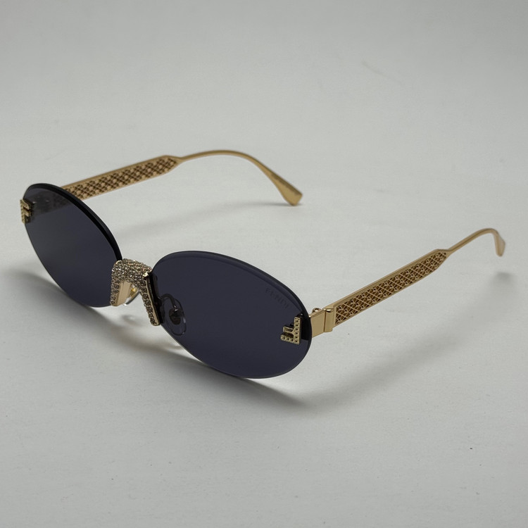 عینک آفتابی زنانه فندی Fendi فریم لس بیضی مدل Oval Frame Diamond Style نگین کاری شده کیفیت مستر مشکی طلایی