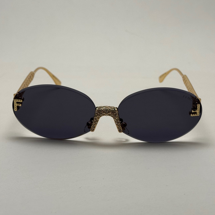 عینک آفتابی زنانه فندی Fendi فریم لس بیضی مدل Oval Frame Diamond Style نگین کاری شده کیفیت مستر مشکی طلایی