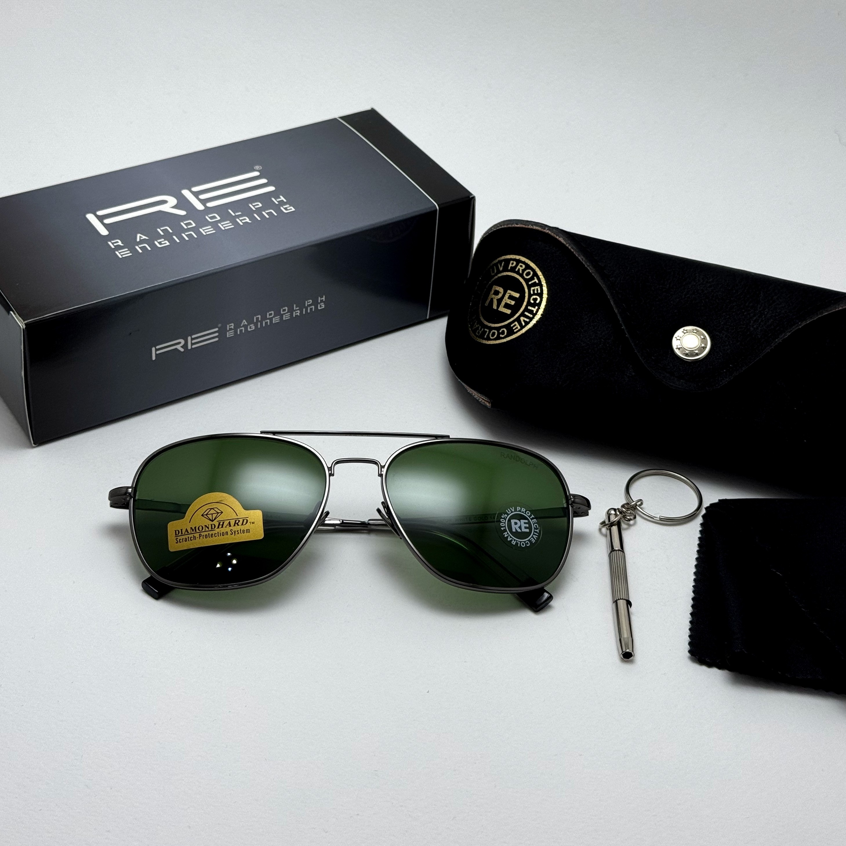 عینک آفتابی خلبانی رندولف شیشه سنگ آنتی رفلکس سبز فریم نوک مدادی فول پک RANDOLPH AVIATOR  RE 58 24K