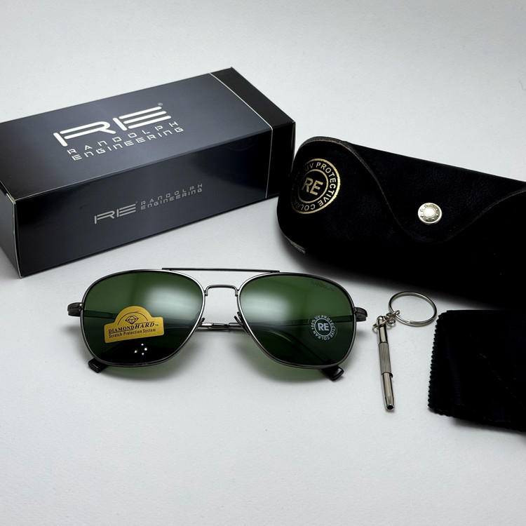 عینک آفتابی خلبانی رندولف شیشه سنگ آنتی رفلکس سبز فریم نوک مدادی فول پک RANDOLPH AVIATOR RE 58 24K