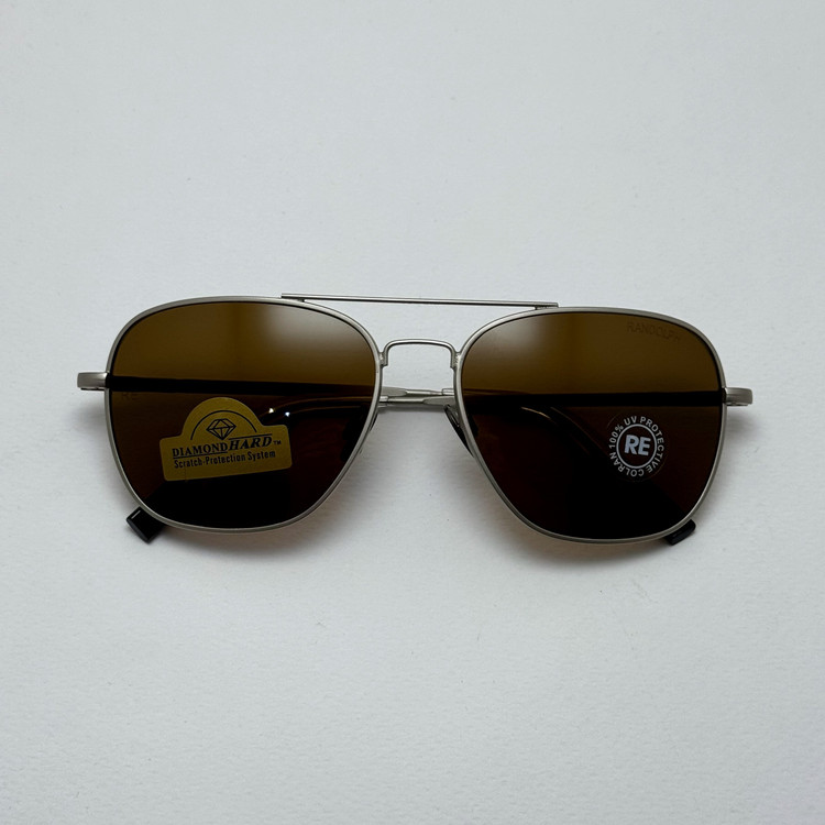 عینک آفتابی خلبانی رندولف شیشه سنگ آنتی رفلکس قهوه ای فریم نقره ای فول پک RANDOLPH AVIATOR RE 58 24K White GOLD