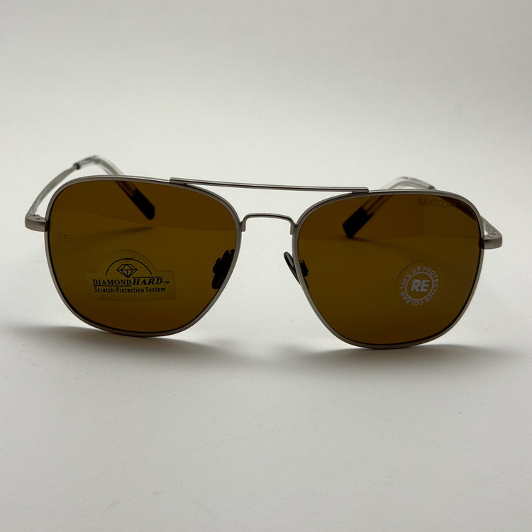 عینک آفتابی خلبانی رندولف شیشه سنگ آنتی رفلکس قهوه ای فریم نقره ای فول پک RANDOLPH AVIATOR RE 58 24K White GOLD