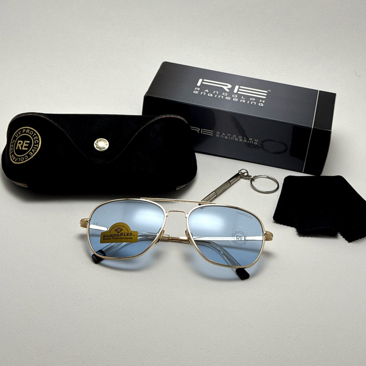 عینک آفتابی خلبانی رندولف شیشه سنگ آبی آسمانی طلایی فول پک RANDOLPH AVIATOR RE 58 24K GOLD
