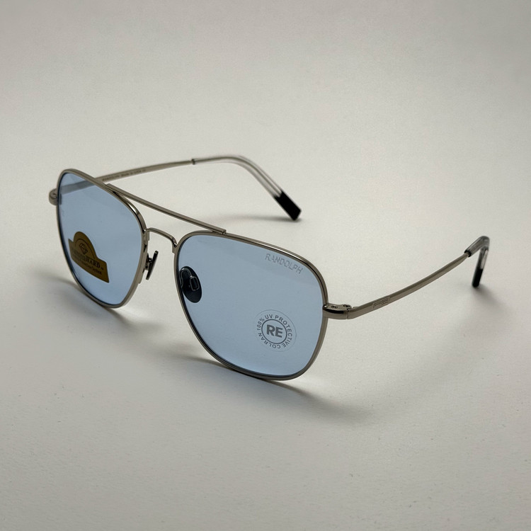 عینک شب و آفتابی خلبانی رندولف شیشه سنگ آبی آسمانی نقره ای فول پک RANDOLPH AVIATOR RE 58 24K WHITE GOLD