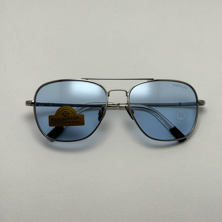 عینک شب و آفتابی خلبانی رندولف شیشه سنگ آبی آسمانی نقره ای فول پک RANDOLPH AVIATOR RE 58 24K WHITE GOLD