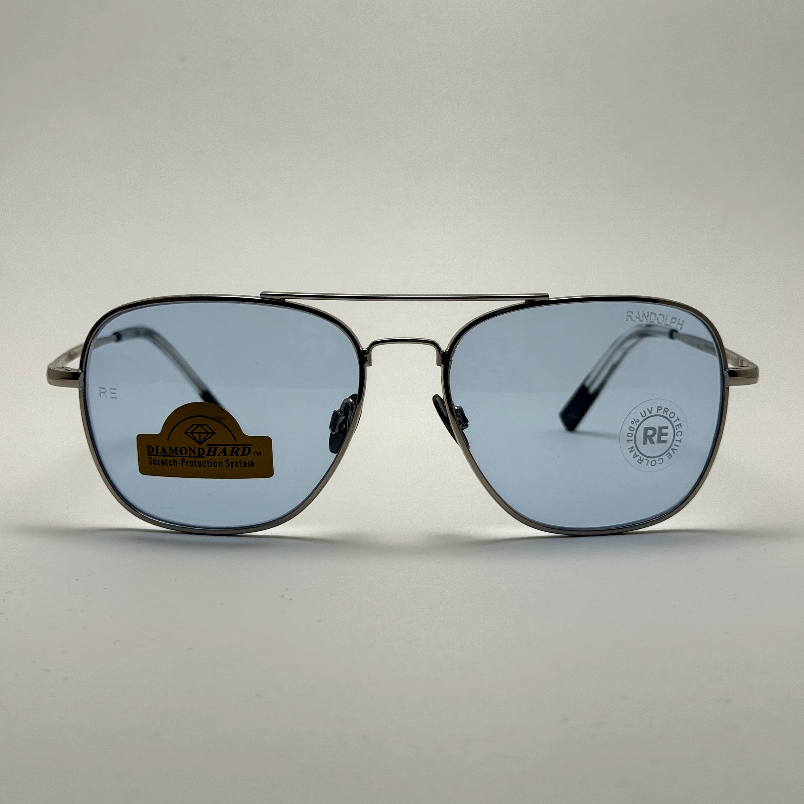 عینک شب و آفتابی خلبانی رندولف شیشه سنگ آبی آسمانی نقره ای فول پک RANDOLPH AVIATOR RE 58 24K WHITE GOLD