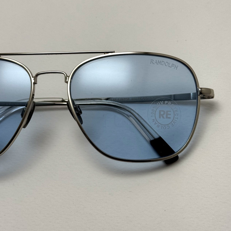 عینک شب و آفتابی خلبانی رندولف شیشه سنگ آبی آسمانی نقره ای فول پک RANDOLPH AVIATOR RE 58 24K WHITE GOLD