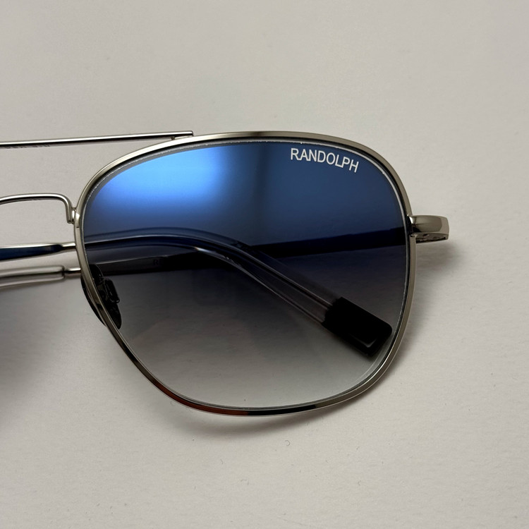عینک آفتابی خلبانی رندولف شیشه سنگ آنتی رفلکس آبی هایلایت نقره ای فول پک RANDOLPH AVIATOR RE 58 24K WHITE GOLD