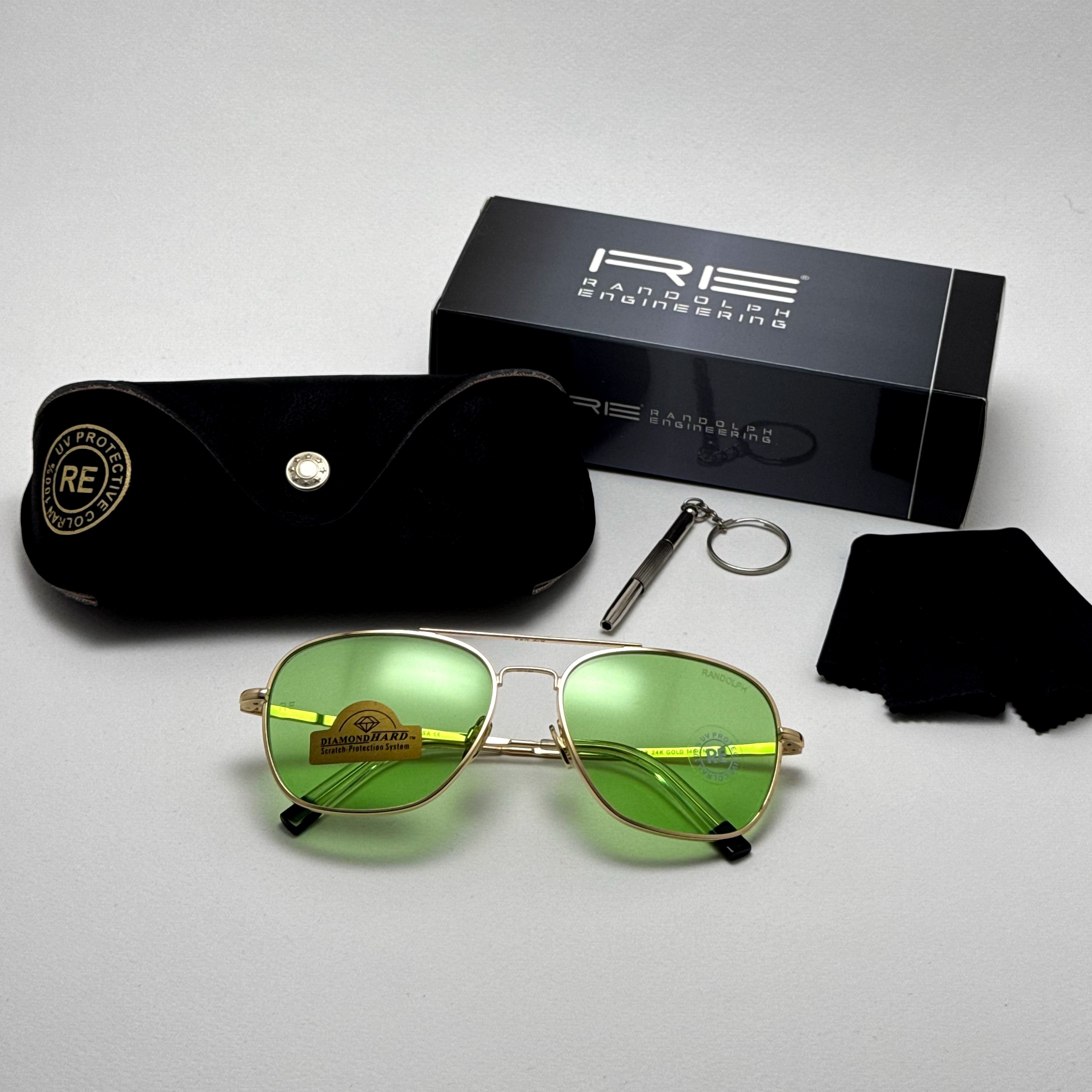 عینک شب و آفتابی خلبانی رندولف شیشه سنگ سبز فریم طلایی فول پک اصلی RANDOLPH AVIATOR RE 58 24K GOLD