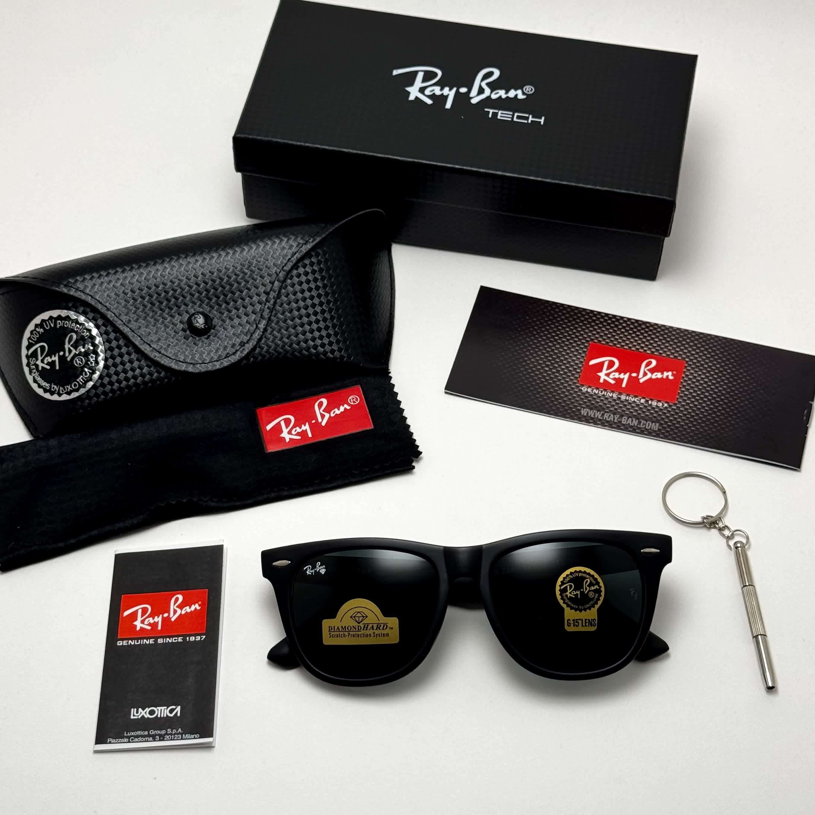 عینک آفتابی ریبن ویفرر شیشه سنگ مشکی به همراه پک کامل ریبن Rayban WAYFARER RB 2140 سایز 54