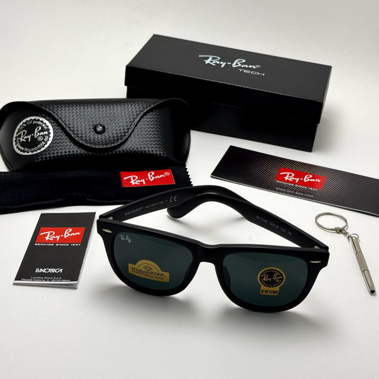 عینک آفتابی ریبن ویفرر شیشه سنگ مشکی که همراه پک کامل ریبن Rayban WAYFARER RB 2140 سایز 54