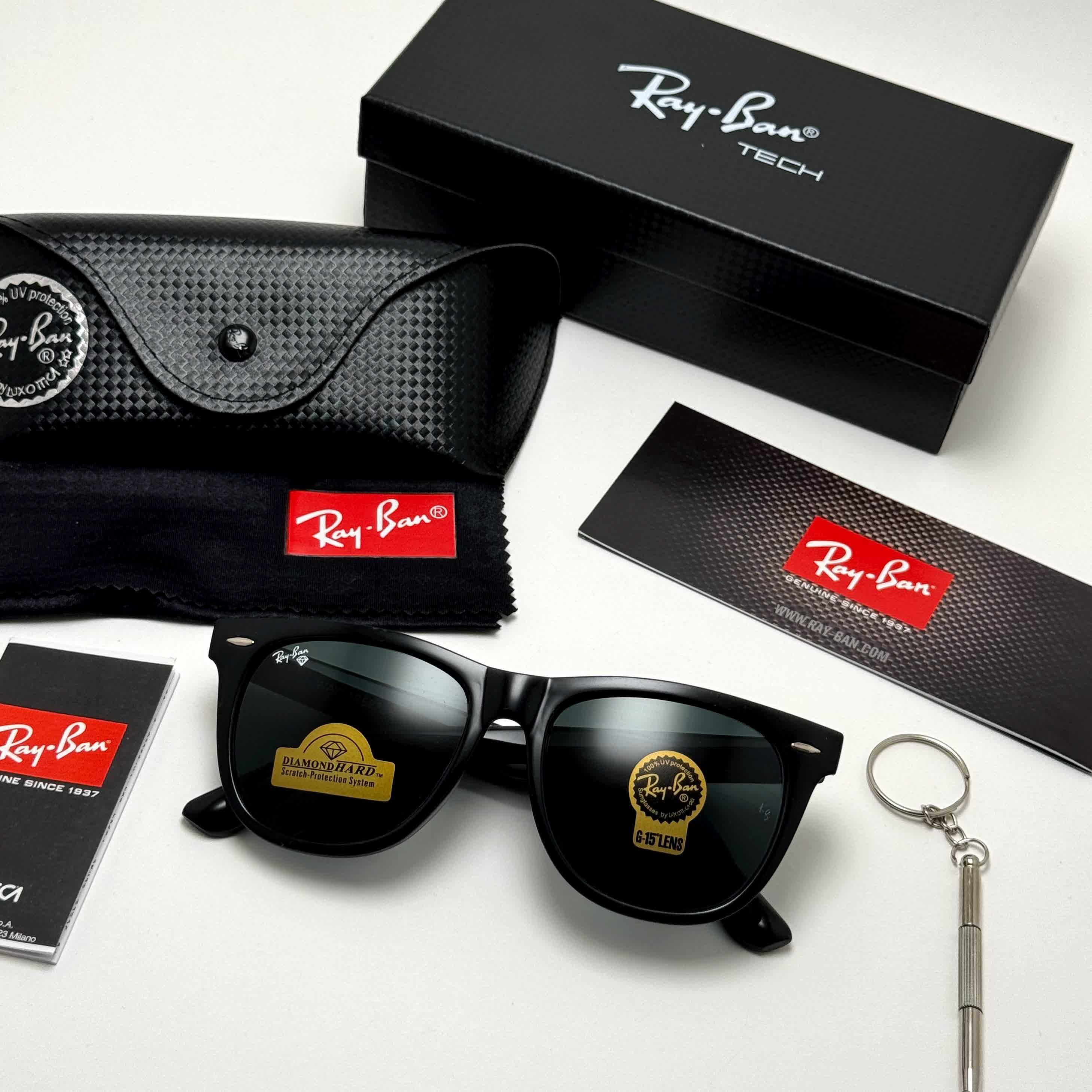 عینک آفتابی ریبن ویفرر شیشه سنگ مشکی براق به همراه پک کامل ریبن Rayban WAYFARER  RB 2140 سایز 54