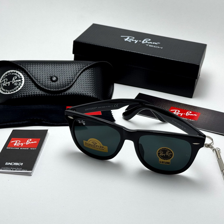 عینک آفتابی ریبن ویفرر شیشه سنگ مشکی براق به همراه پک کامل ریبن Rayban WAYFARER RB 2140 سایز 54