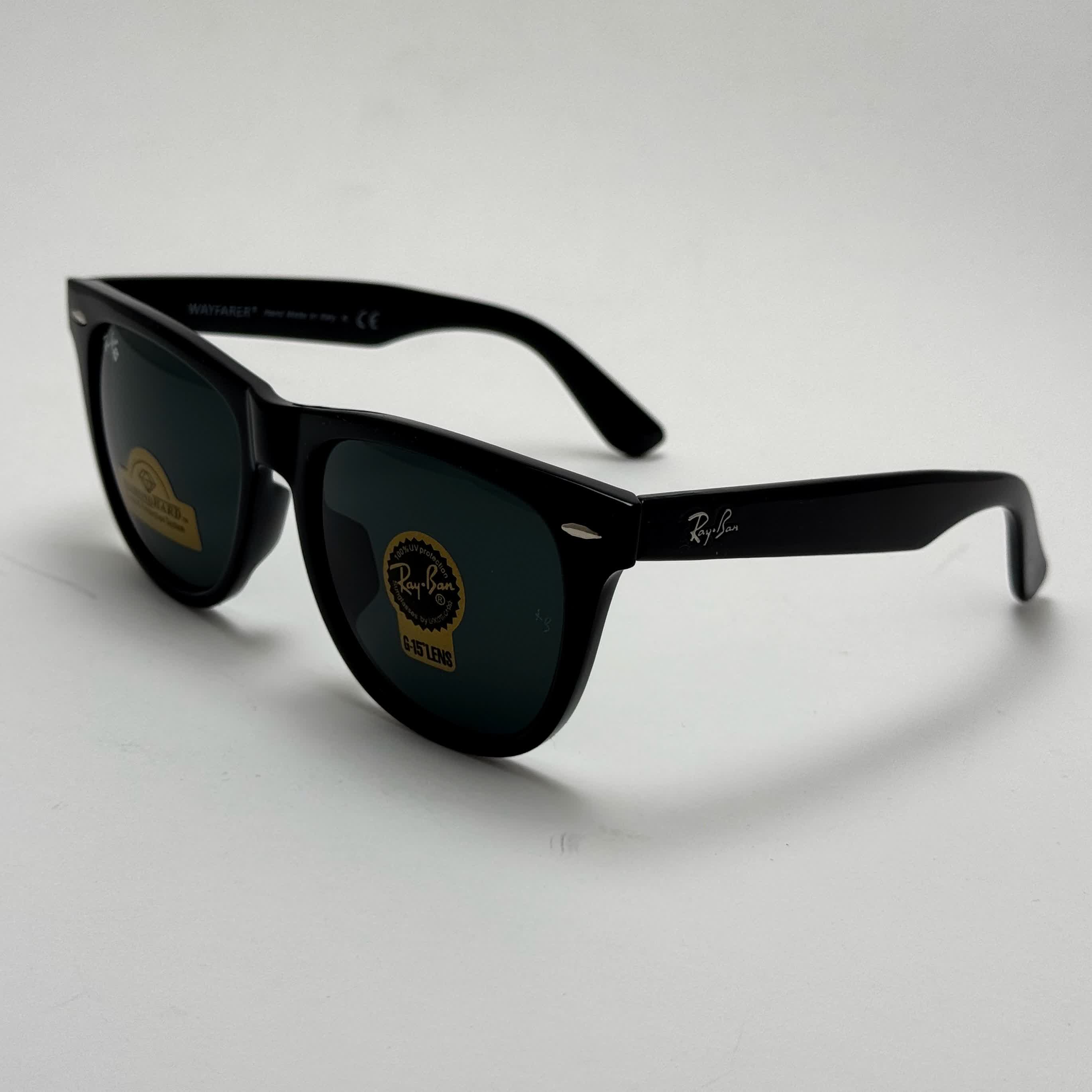 عینک آفتابی ریبن ویفرر شیشه سنگ مشکی براق به همراه پک کامل ریبن Rayban WAYFARER RB 2140 سایز 54