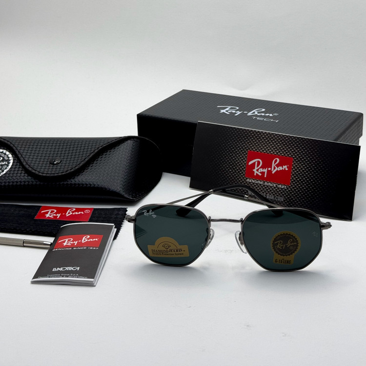 عینک ریبن هگزونال شیشه سنگ فریم نوک مدادی عدسی مشکی به همراه پک کامل ریبن کد Rayban RB 3548