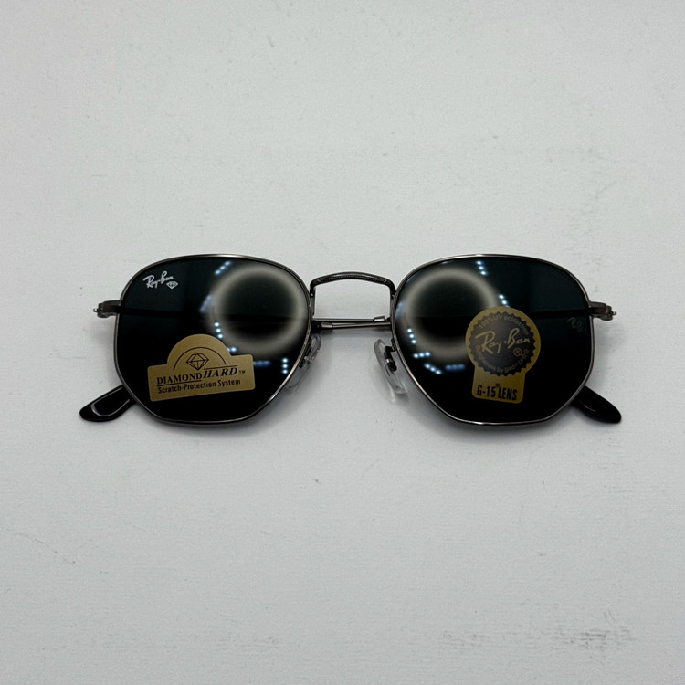عینک ریبن هگزونال شیشه سنگ فریم نوک مدادی عدسی مشکی به همراه پک کامل ریبن کد Rayban RB 3548