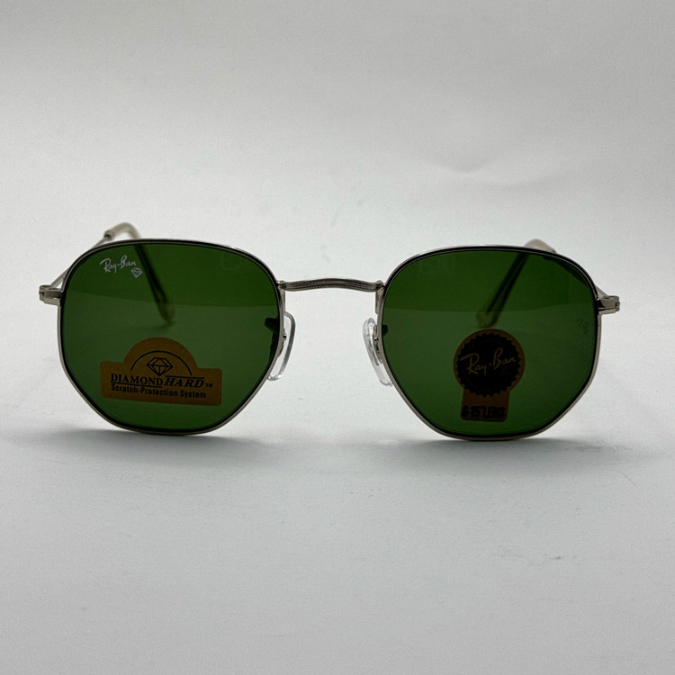 عینک ریبن هگزونال شیشه سنگ سبز فریم نقره ای به همراه پک کامل ریبن کد Rayban RB 3548