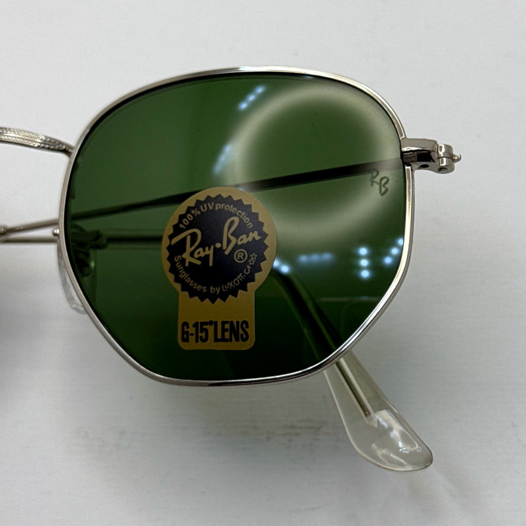 عینک ریبن هگزونال شیشه سنگ سبز فریم نقره ای به همراه پک کامل ریبن کد Rayban RB 3548