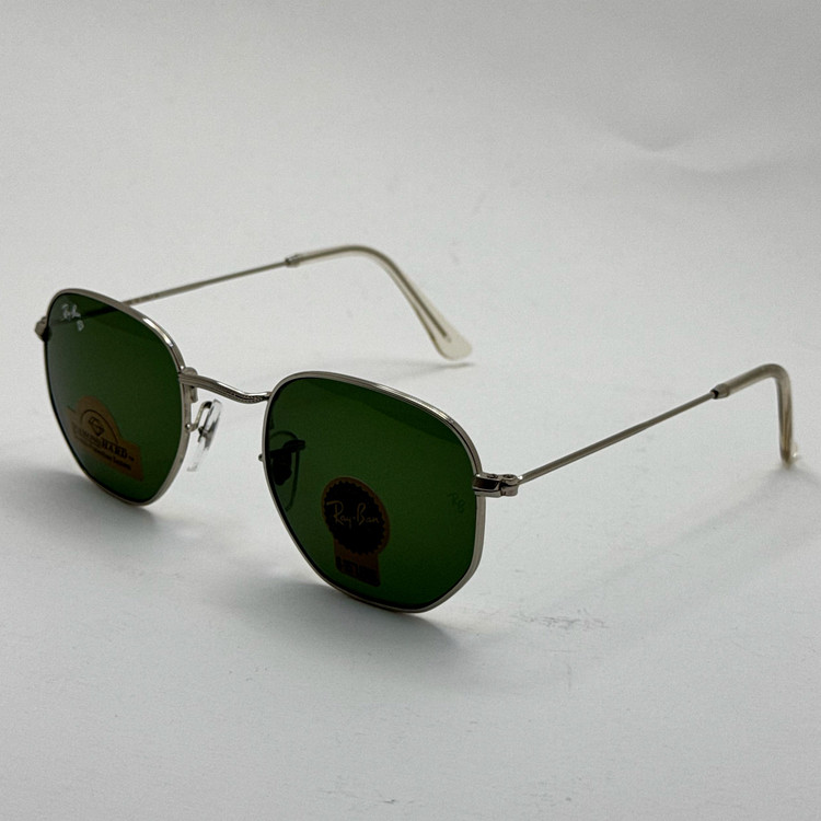 عینک ریبن هگزونال شیشه سنگ سبز فریم نقره ای به همراه پک کامل ریبن کد Rayban RB 3548