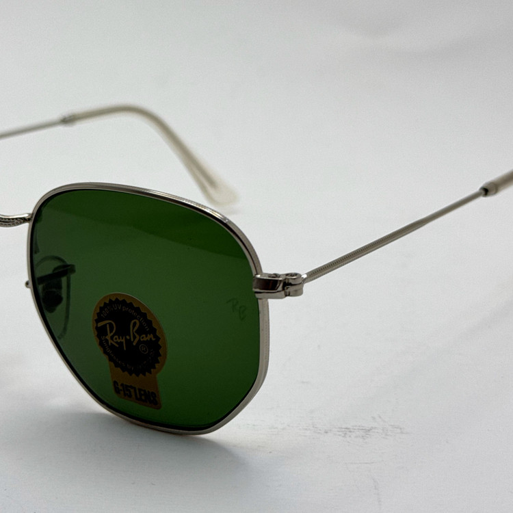 عینک ریبن هگزونال شیشه سنگ سبز فریم نقره ای به همراه پک کامل ریبن کد Rayban RB 3548
