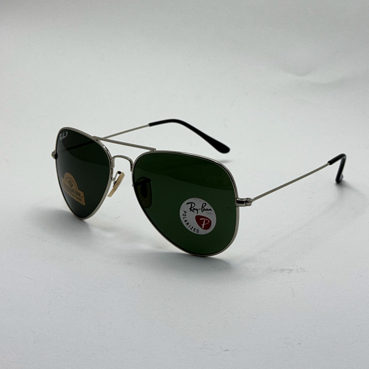 عینک ریبن خلبانی شیشه سنگ پلاریزه سبز با فریم نقره ای به همراه پک کامل ریبن کد Rayban RB 3026