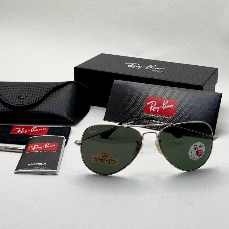 عینک ریبن خلبانی شیشه سنگ پلاریزه سبز با فریم نقره ای به همراه پک کامل ریبن کد Rayban RB 3026