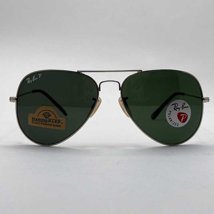 عینک ریبن خلبانی شیشه سنگ پلاریزه سبز با فریم نقره ای به همراه پک کامل ریبن کد Rayban RB 3026