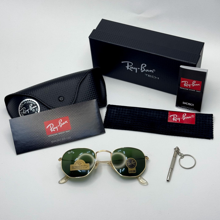 عینک ریبن هگزونال شیشه سنگ سیز فریم طلایی به همراه پک کامل ریبن کد Rayban RB 3548