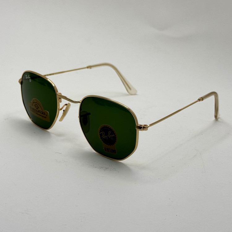 عینک ریبن هگزونال شیشه سنگ سیز فریم طلایی به همراه پک کامل ریبن کد Rayban RB 3548