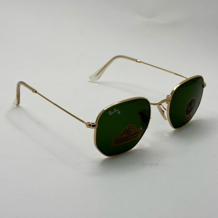 عینک ریبن هگزونال شیشه سنگ سیز فریم طلایی به همراه پک کامل ریبن کد Rayban RB 3548