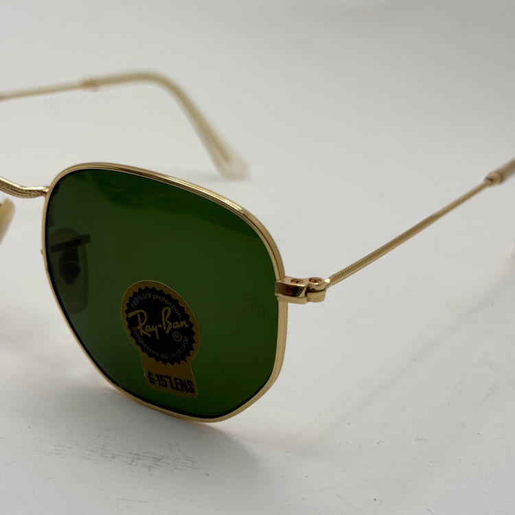 عینک ریبن هگزونال شیشه سنگ سیز فریم طلایی به همراه پک کامل ریبن کد Rayban RB 3548