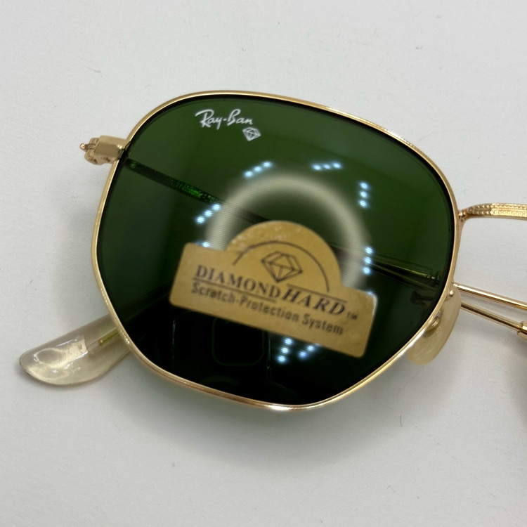 عینک ریبن هگزونال شیشه سنگ سیز فریم طلایی به همراه پک کامل ریبن کد Rayban RB 3548