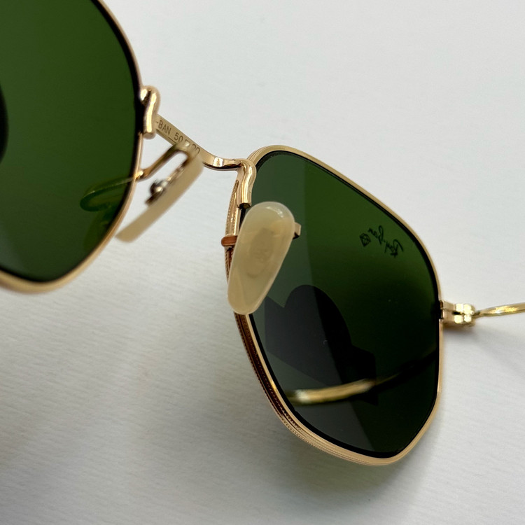 عینک ریبن هگزونال شیشه سنگ سیز فریم طلایی به همراه پک کامل ریبن کد Rayban RB 3548