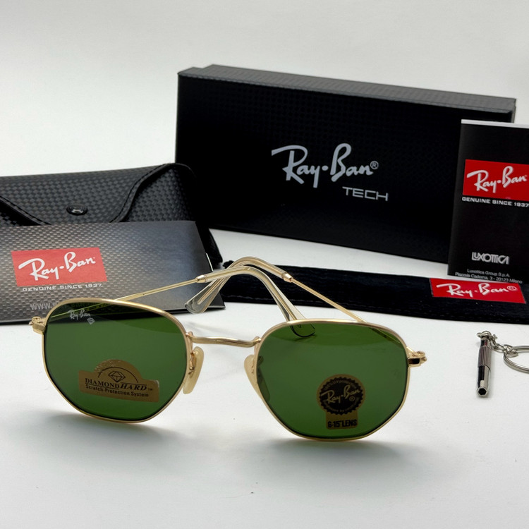عینک ریبن هگزونال شیشه سنگ سیز فریم طلایی به همراه پک کامل ریبن کد Rayban RB 3548