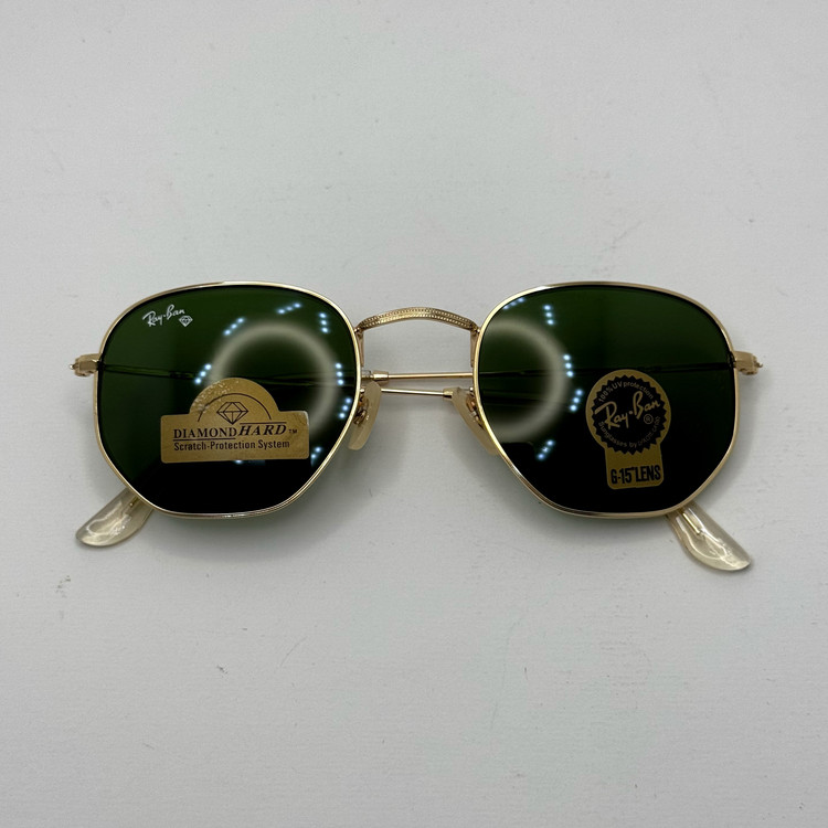 عینک ریبن هگزونال شیشه سنگ سیز فریم طلایی به همراه پک کامل ریبن کد Rayban RB 3548