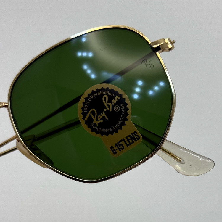 عینک ریبن هگزونال شیشه سنگ سیز فریم طلایی به همراه پک کامل ریبن کد Rayban RB 3548